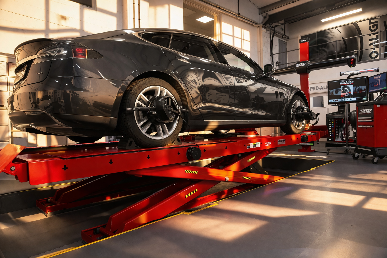 Wheel alignment technician reviewing alignment readings on a diagnostic display beside a vehicle